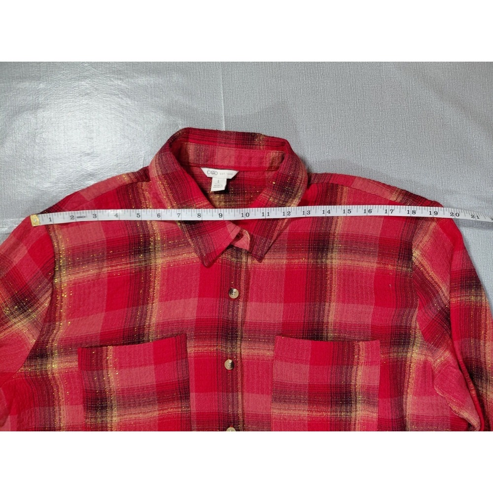Cato Plaid Shirt Dress LG Red Gold Metallic Waffle Weave Long Sleeve - Picture 7 of 13